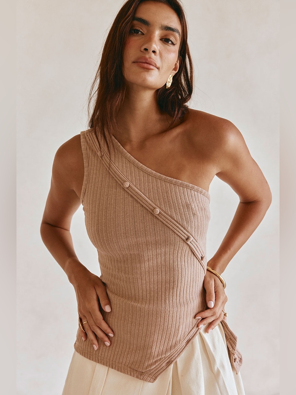 SABO One Shoulder Ribbed Asymmetrical Button Top Beige Size M